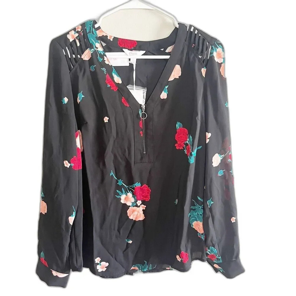 Candies Women’s M Black Floral Blouse NWT V-Neck Cut-Out Lightweight